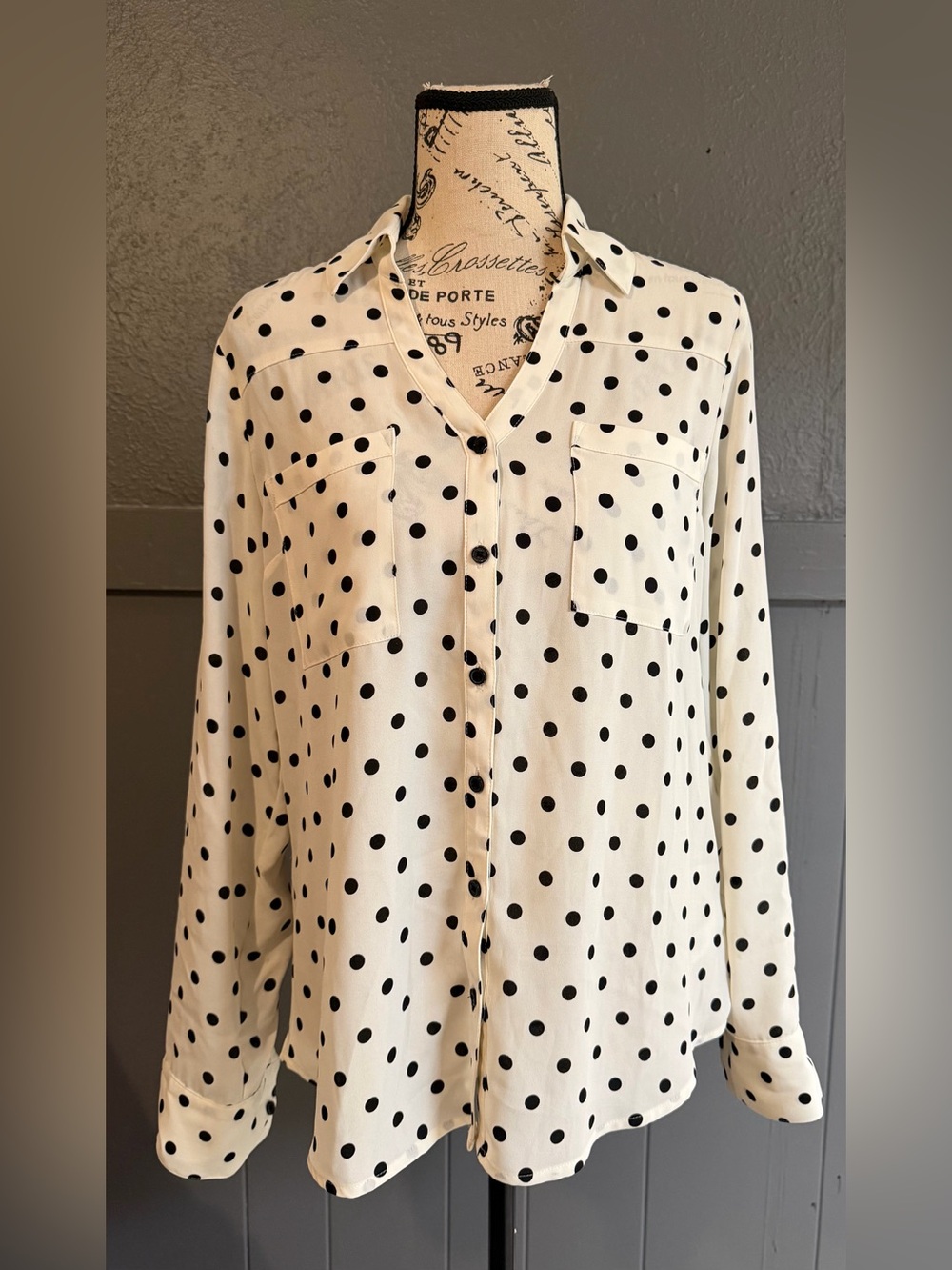 Express White Button-Down Blouse with Black Polka Dots